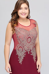 Mermaid Crew Floor Length Sleeveless Appliques Burgundy Evening Dresses