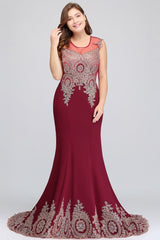 Mermaid Crew Floor Length Sleeveless Appliques Burgundy Evening Dresses