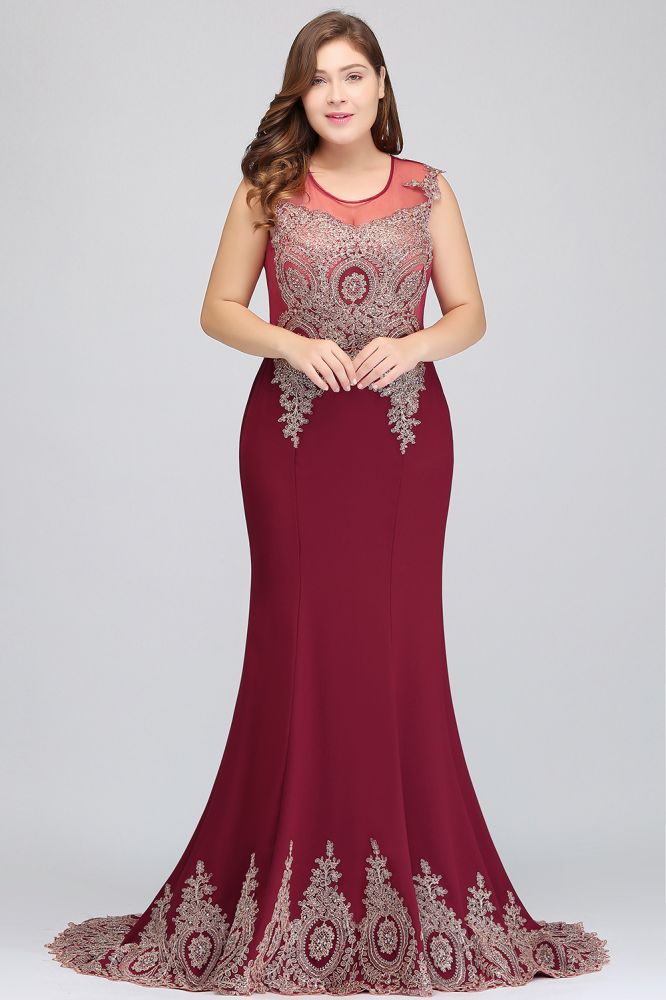 Mermaid Crew Floor Length Sleeveless Appliques Burgundy Evening Dresses