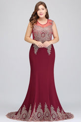 Mermaid Crew Floor Length Sleeveless Appliques Burgundy Evening Dresses