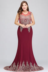 Mermaid Crew Floor Length Sleeveless Appliques Burgundy Evening Dresses