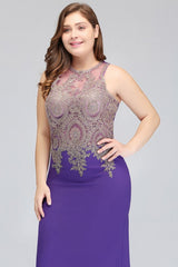Mermaid Crew Floor Length Sleeveless Plus size Evening Dresses with Appliques
