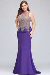 Mermaid Crew Floor Length Sleeveless Plus size Evening Dresses with Appliques