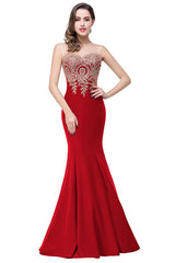Mermaid Crew Illusion Plus size Long Sleeveless Burgundy Formal Dresses with Appliques