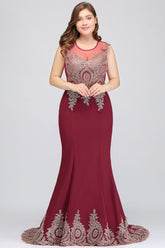 Mermaid Crew Sweep Train Sleeveless Appliques Burgundy Evening Dresses