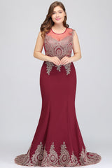 Mermaid Crew Sweep Train Sleeveless Appliques Burgundy Evening Dresses