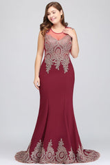 Mermaid Crew Sweep Train Sleeveless Appliques Burgundy Evening Dresses