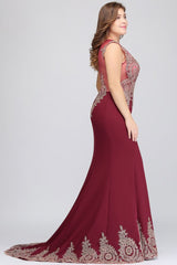 Mermaid Crew Sweep Train Sleeveless Appliques Burgundy Evening Dresses