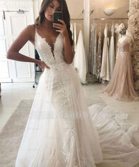 Mermaid Garden Bridal Gown Wedding Dress V-Neck Straps Detachable Train