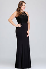 Mermaid Halter Floor Length Plus size Black Evening Dresses with Lace
