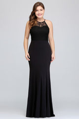 Mermaid Halter Floor Length Plus size Black Evening Dresses with Lace
