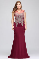 Mermaid Scoop Floor Length Plus size Sleeveless Appliques Burgundy Evening Dresses