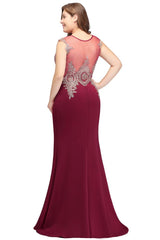 Mermaid Scoop Floor Length Plus size Sleeveless Appliques Burgundy Evening Dresses