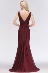 Mermaid Scoop Sleeveless Lace Burgundy Bridesmaid dresses with Pleats