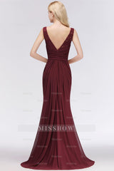 Mermaid Scoop Sleeveless Lace Burgundy Bridesmaid dresses with Pleats