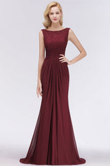 Mermaid Scoop Sleeveless Lace Burgundy Bridesmaid dresses with Pleats