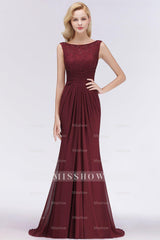 Mermaid Scoop Sleeveless Lace Burgundy Bridesmaid dresses with Pleats