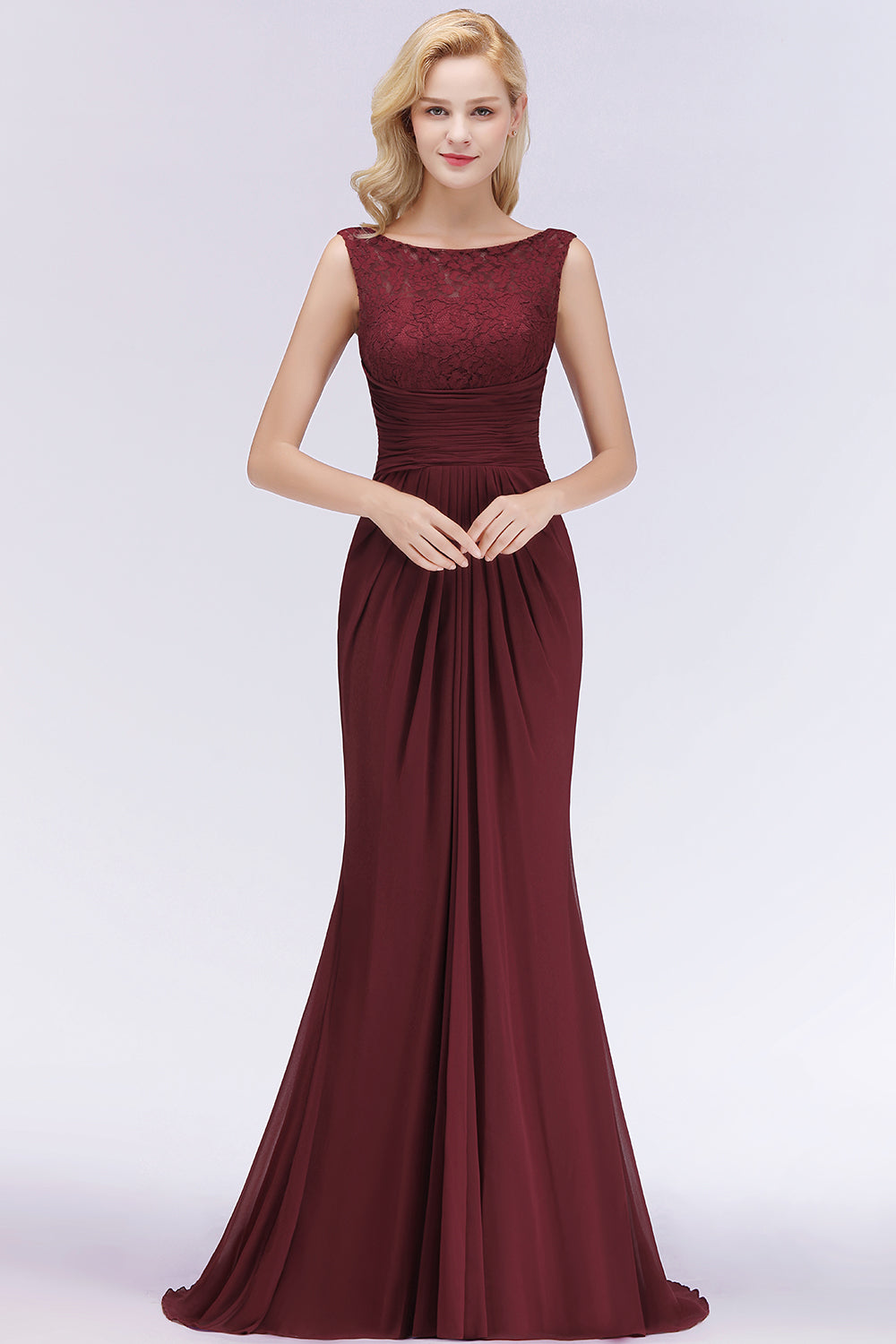 Mermaid Scoop Sleeveless Lace Burgundy Bridesmaid dresses with Pleats