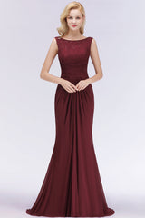 Mermaid Scoop Sleeveless Lace Burgundy Bridesmaid dresses with Pleats