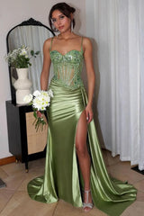 Mermaid Silver Spaghetti Straps Corset Prom Dress with Appliques