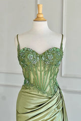 Mermaid Silver Spaghetti Straps Corset Prom Dress with Appliques