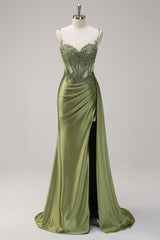 Mermaid Silver Spaghetti Straps Corset Prom Dress with Appliques