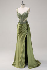 Mermaid Silver Spaghetti Straps Corset Prom Dress with Appliques