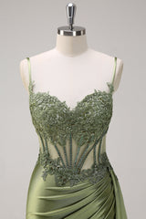 Mermaid Silver Spaghetti Straps Corset Prom Dress with Appliques