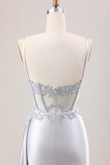 Mermaid Silver Spaghetti Straps Corset Prom Dress with Appliques