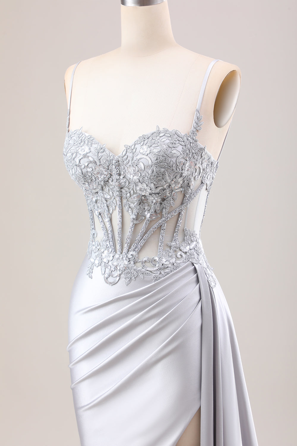 Mermaid Silver Spaghetti Straps Corset Prom Dress with Appliques