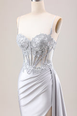 Mermaid Silver Spaghetti Straps Corset Prom Dress with Appliques