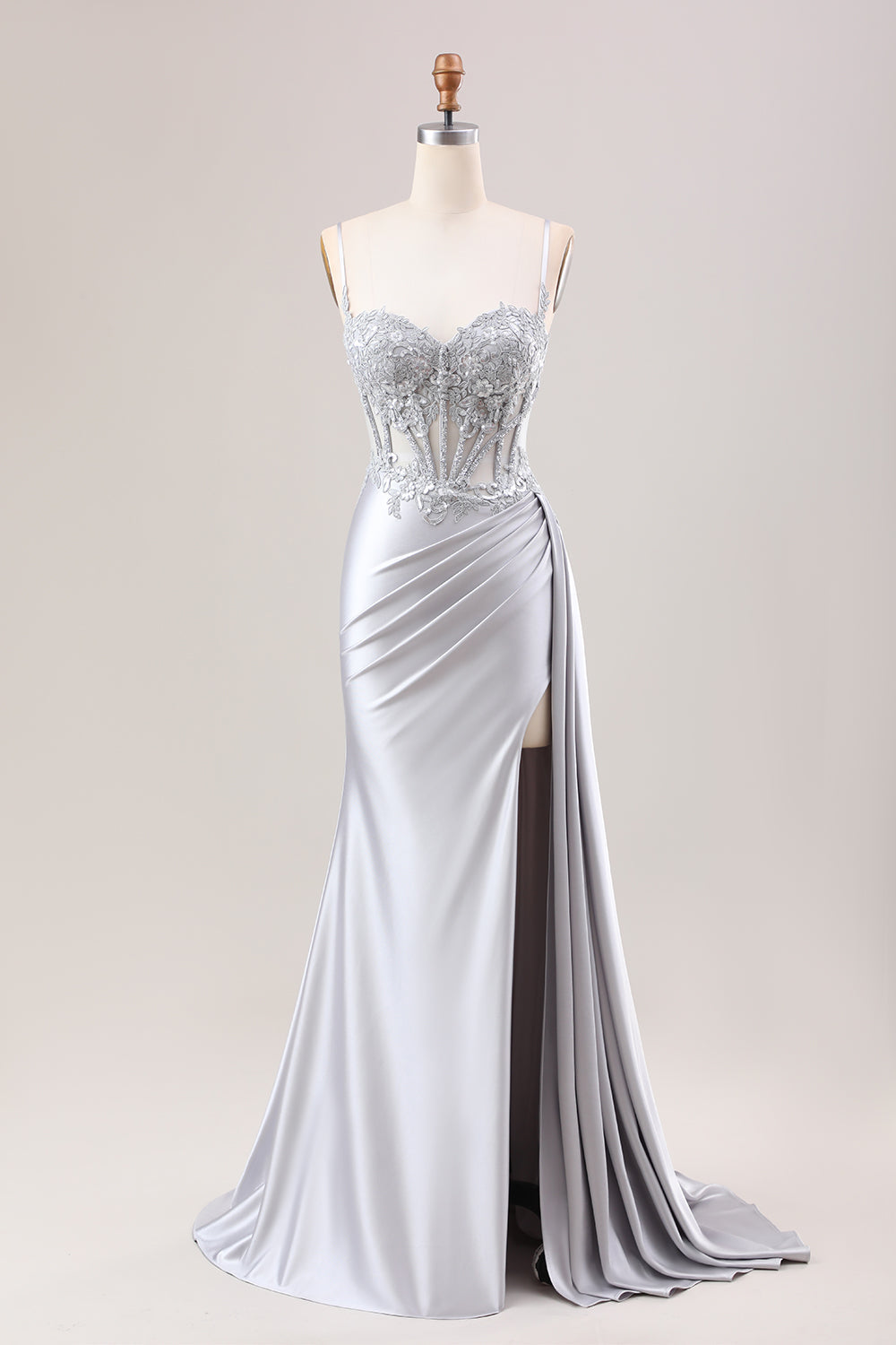Mermaid Silver Spaghetti Straps Corset Prom Dress with Appliques