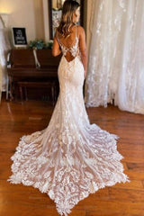 Mermaid Spaghetti Straps V-neck Backless Lace Wedding Dresses