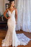 Mermaid Spaghetti Straps V-neck Backless Lace Wedding Dresses-misshow.com