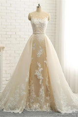 Mermaid \ Trumpet Jewel Neck Chapel Train Lace Tulle Lace Over Satin Regular Straps Formal See-Through Wedding Dresses