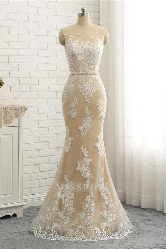 Mermaid \ Trumpet Jewel Neck Chapel Train Lace Tulle Lace Over Satin Regular Straps Formal See-Through Wedding Dresses