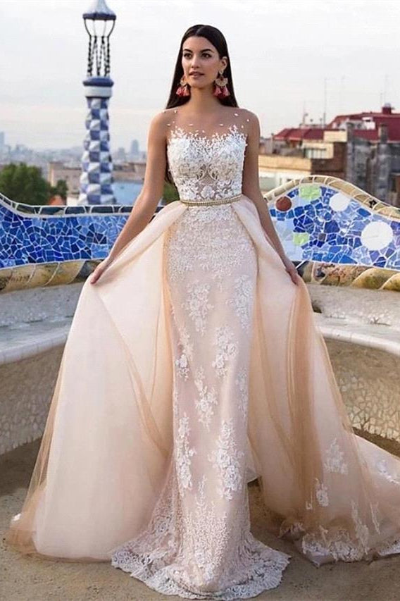Mermaid \ Trumpet Jewel Neck Chapel Train Lace Tulle Lace Over Satin Regular Straps Formal See-Through Wedding Dresses