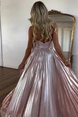 Metallic Blush Halter Neck A-Line Pleated Long Prom Dress with Slit
