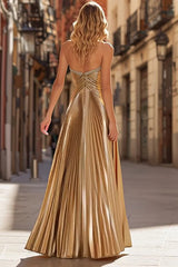 Metallic Gold A-Line Beaded Strapless Pleated Long Sparkly Prom Dress