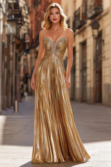 Metallic Gold A-Line Beaded Strapless Pleated Long Sparkly Prom Dress