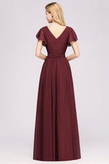 Misshow Elegant A-line V-Neck Short Sleeve Bridesmaid Dresses with Bow Sash Floor-Length Chiffon Evening Dress