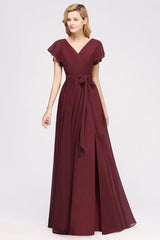 Misshow Elegant A-line V-Neck Short Sleeve Bridesmaid Dresses with Bow Sash Floor-Length Chiffon Evening Dress