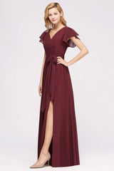 Misshow Elegant A-line V-Neck Short Sleeve Bridesmaid Dresses with Bow Sash Floor-Length Chiffon Evening Dress