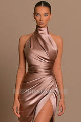 Modern Long A-line High Neck Sleeveless Prom Dress With Slit