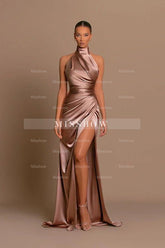 Modern Long A-line High Neck Sleeveless Prom Dress With Slit