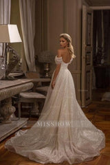 Modern Long A-line Off-the-shoulder Glitter Sleeveless Wedding Dresses