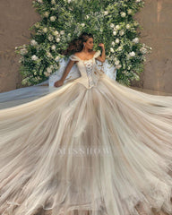 Modern Long A-line Off-the-shoulder Sleeveless Tulle Corset Wedding Dress