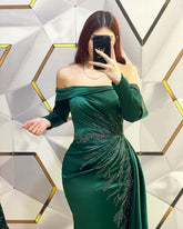 Modern Long Dark Green Mermaid Off-the-shoulder Lace Prom Dress With Long Sleeves