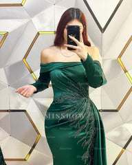Modern Long Dark Green Mermaid Off-the-shoulder Lace Prom Dress With Long Sleeves