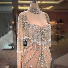 Modern Long Mermaid Beading Long Sleeves Prom Dress With Train